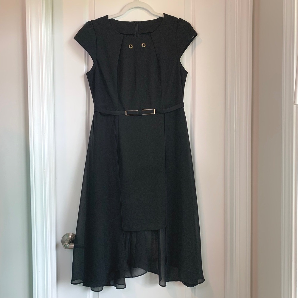 Women's Black Belted Dress Gold Detail Short Sleeve A Line Sheer‎ Skirt L NEW